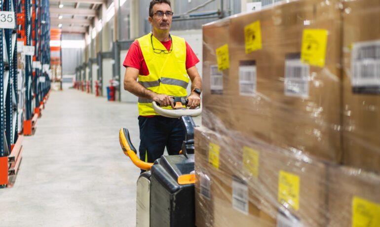 A warehouse worker drives a forklift stacked with boxes across a large facility with shelving lined up in a row on one side.