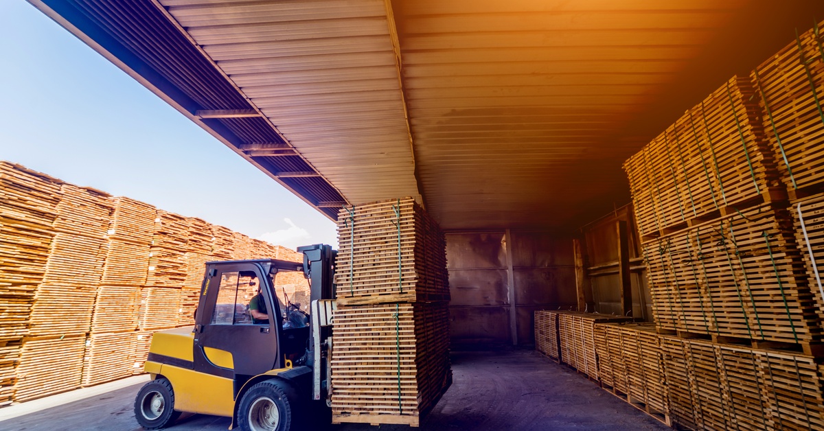 A forklift stacks wood boards into a drying container during the day, preparing the lumber for the kiln-drying process.