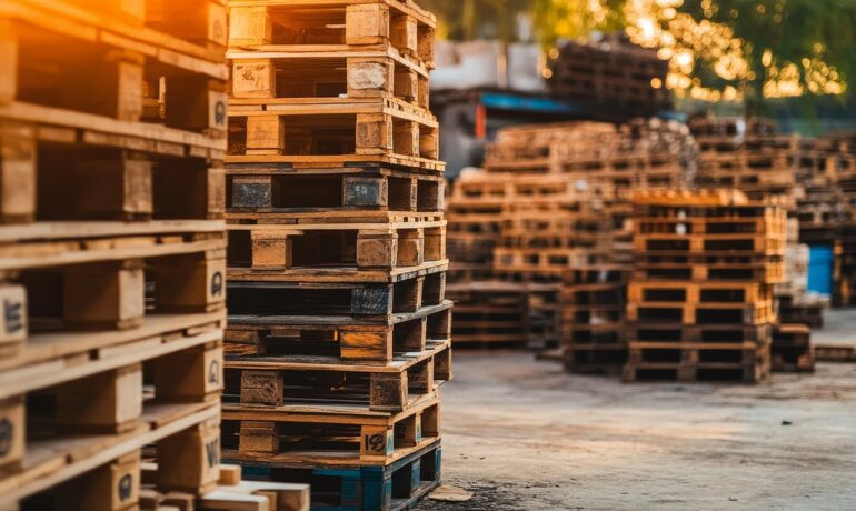 Two stacks of wooden pallets sit on a concrete pad outside, with more random pallet stacks visible in the background.