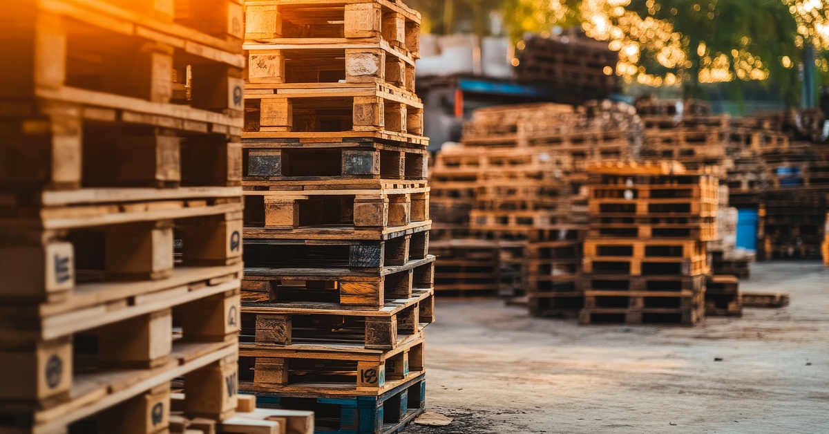 Two stacks of wooden pallets sit on a concrete pad outside, with more random pallet stacks visible in the background.