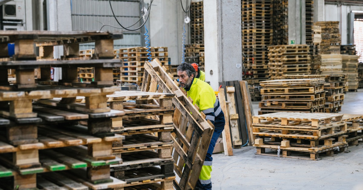 A warehouse worker sorts used wooden pallets among several stacks to identify those suitable for continued use.